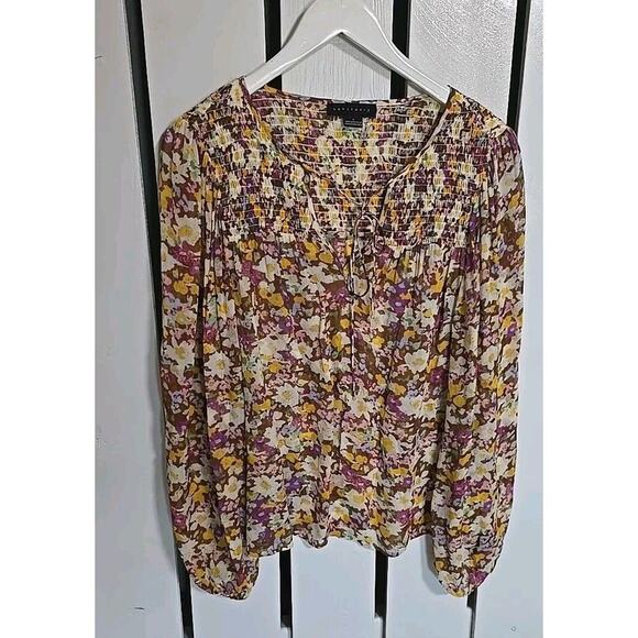 Sanctuary Brown Yellow Floral Sheer Chiffon‎ Long Sleeve Blouse Smocked S Boho - Picture 1 of 9